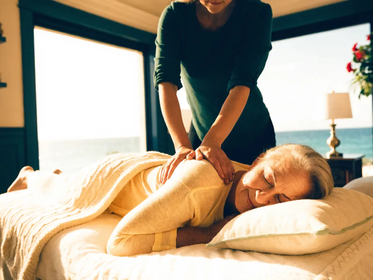A licensed massage therapist performing firm, targeted deep tissue massage work in a calm treatment room at the Pura Vida Day Spa in Fleming Island, FL