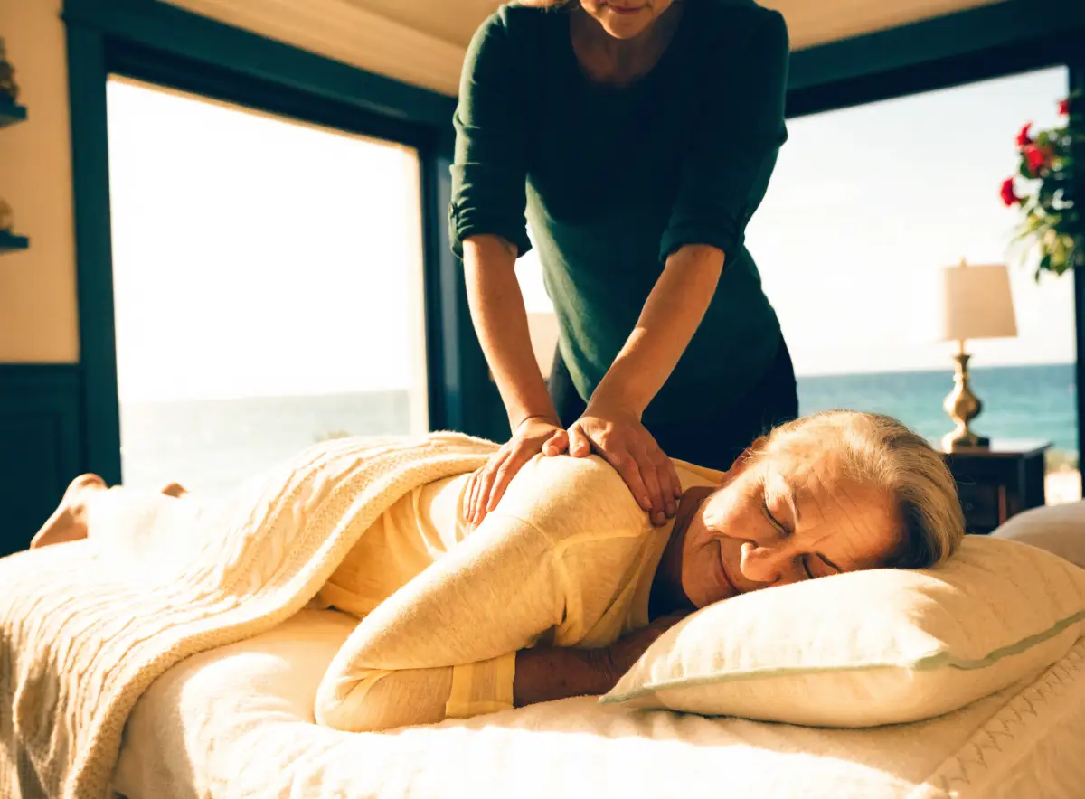 A licensed massage therapist performing firm, targeted deep tissue massage work in a calm treatment room at the Pura Vida Day Spa in Fleming Island, FL
