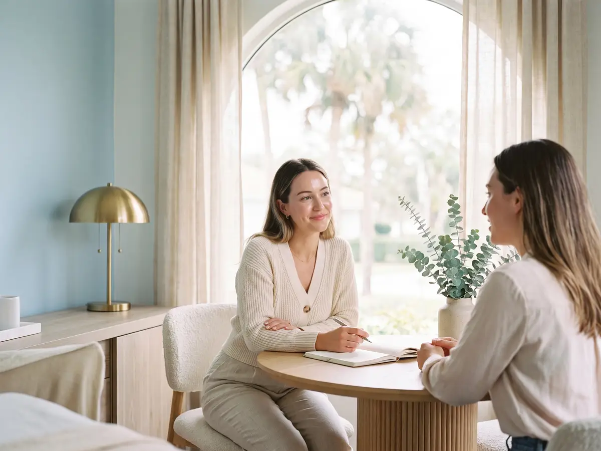 A Pura Vida nurse practitioner in an unhurried consultation with a client at the Fleming Island medical spa