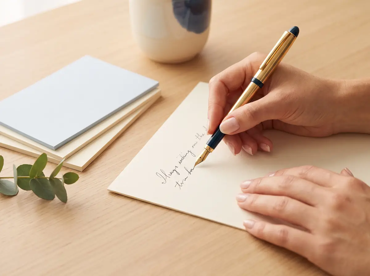 Hands writing editorial notes with a fountain pen beside clinical reference cards