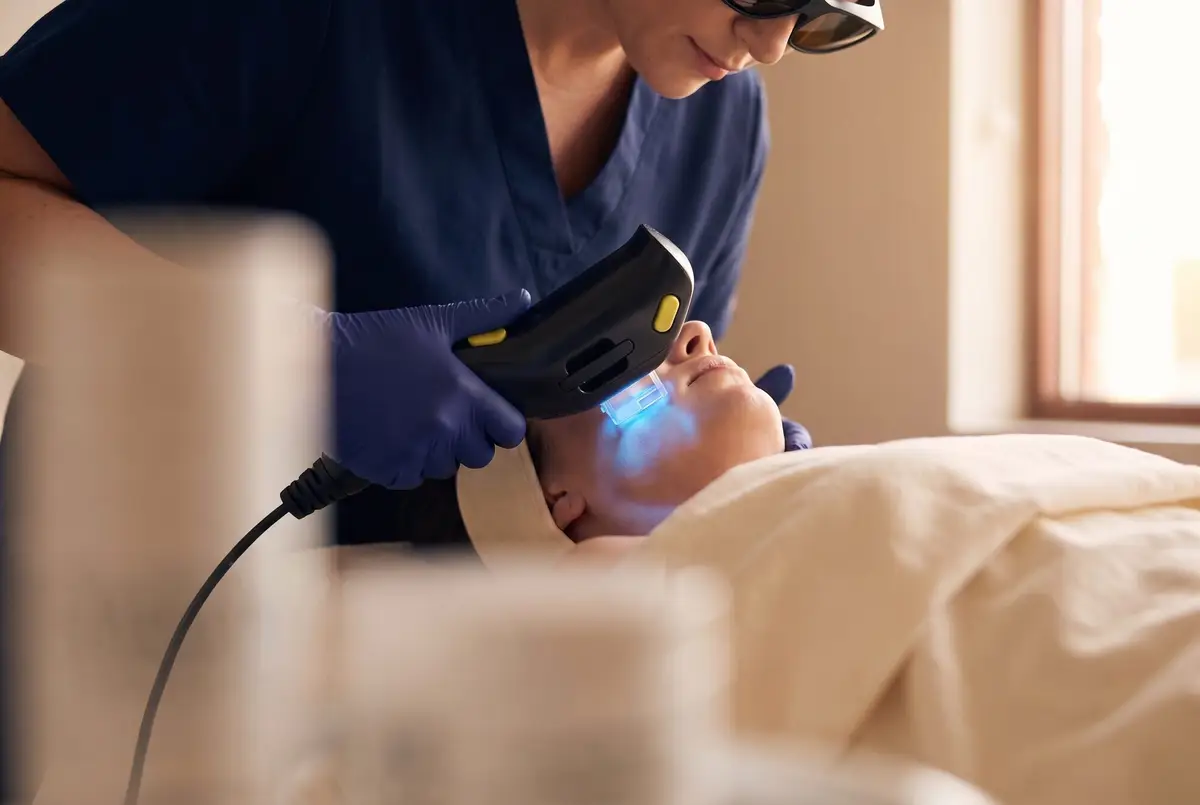 A Pura Vida provider performing an IPL photofacial treatment in Fleming Island, FL