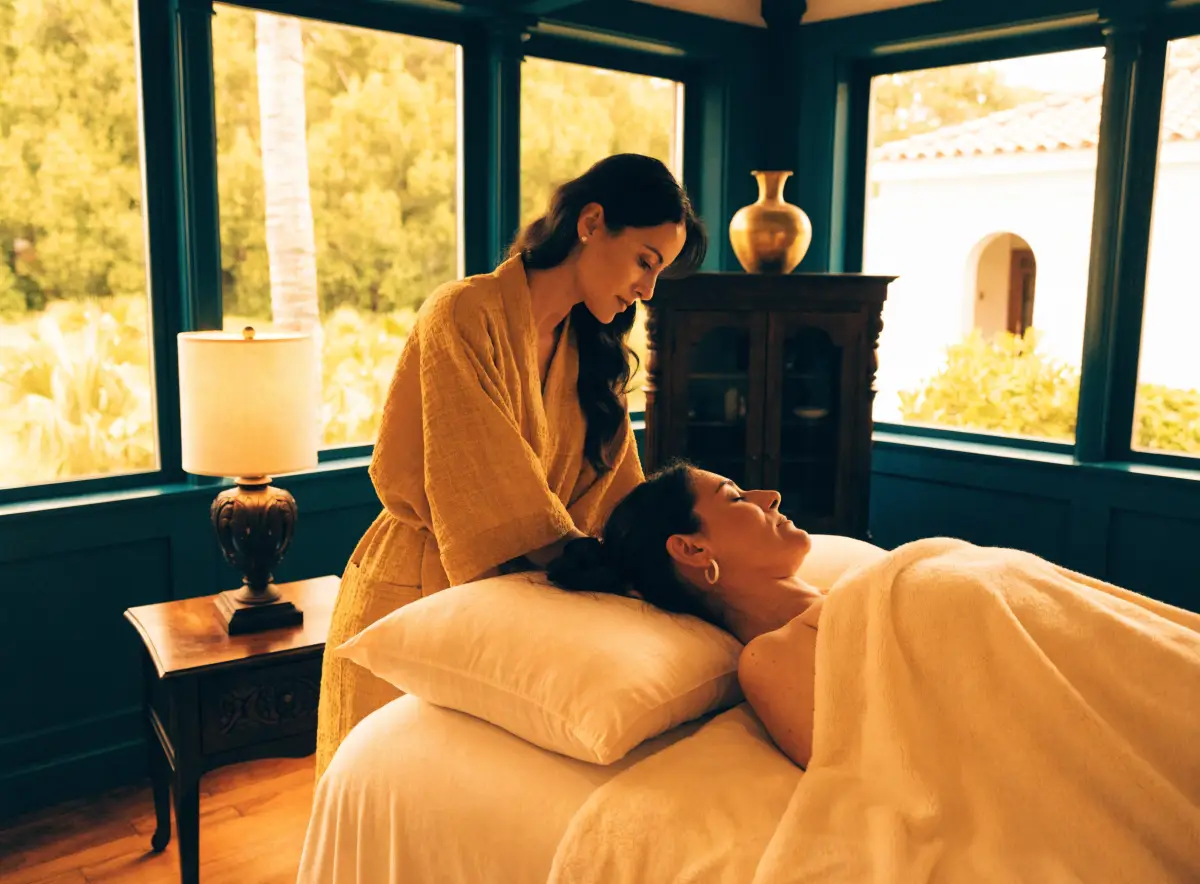 A licensed massage therapist performing a gentle lymphatic drainage massage in a calm treatment room at the Pura Vida Day Spa in Fleming Island, FL