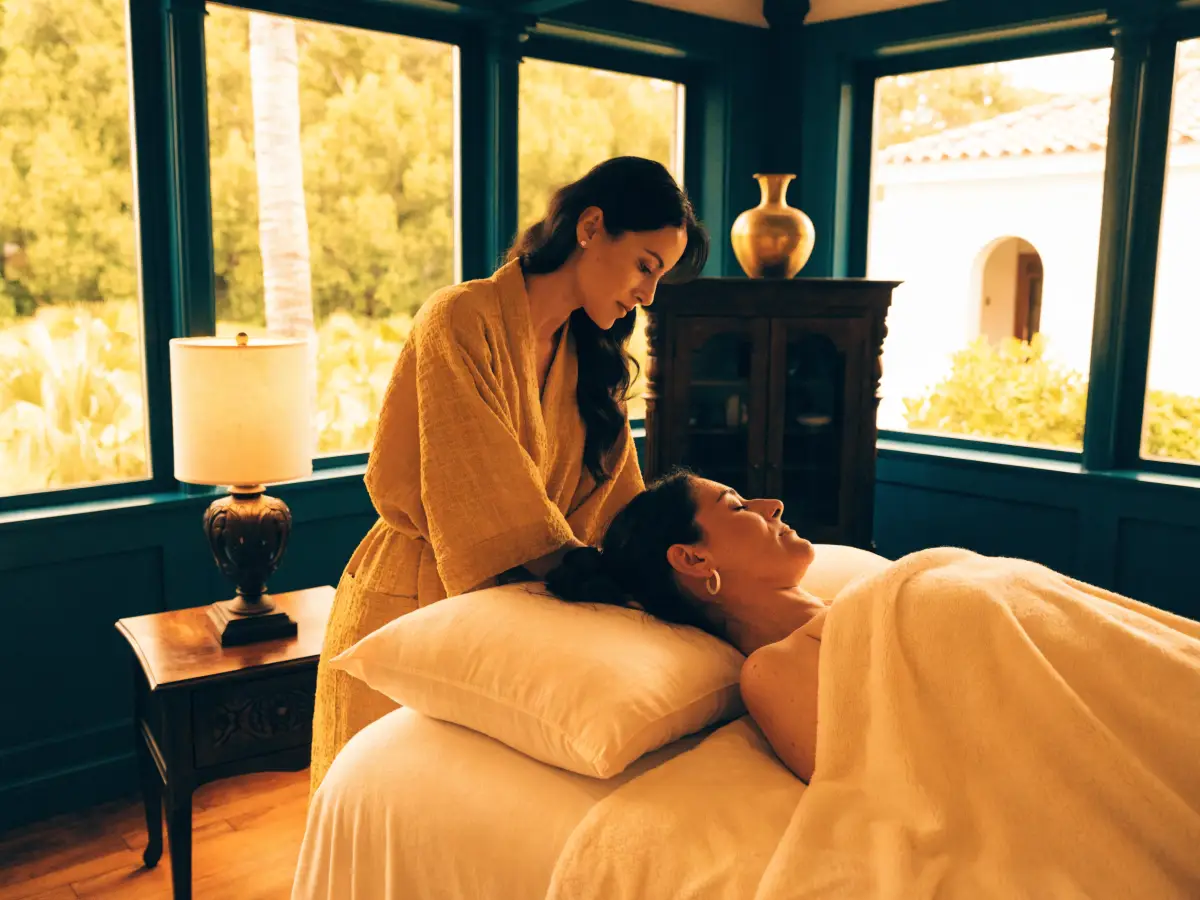 A licensed massage therapist performing a gentle lymphatic drainage massage in a calm treatment room at the Pura Vida Day Spa in Fleming Island, FL