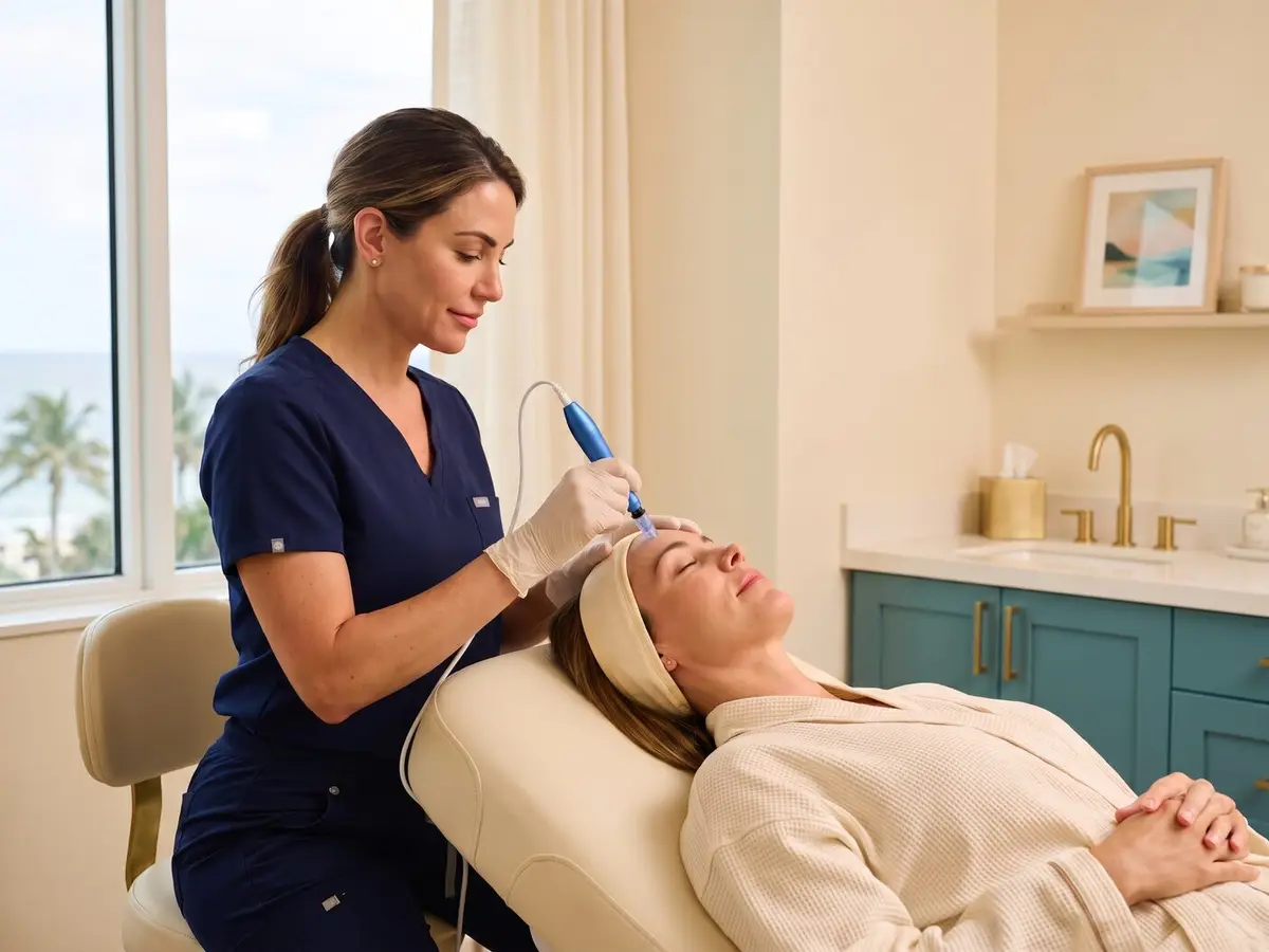 A Pura Vida medical aesthetician performing a classic microneedling treatment with the Rejuvapen in Fleming Island, FL