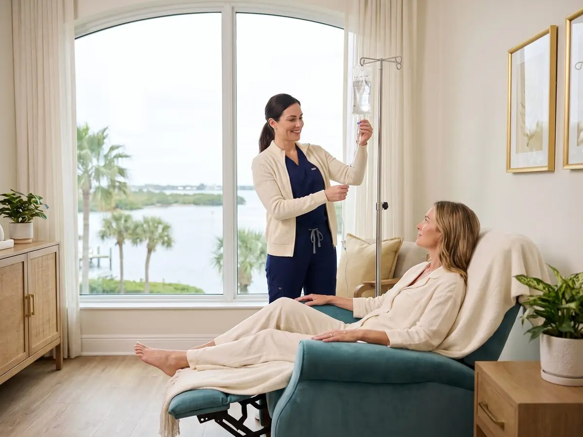 A Pura Vida provider discussing a Myers' Cocktail infusion with a patient in Fleming Island, FL