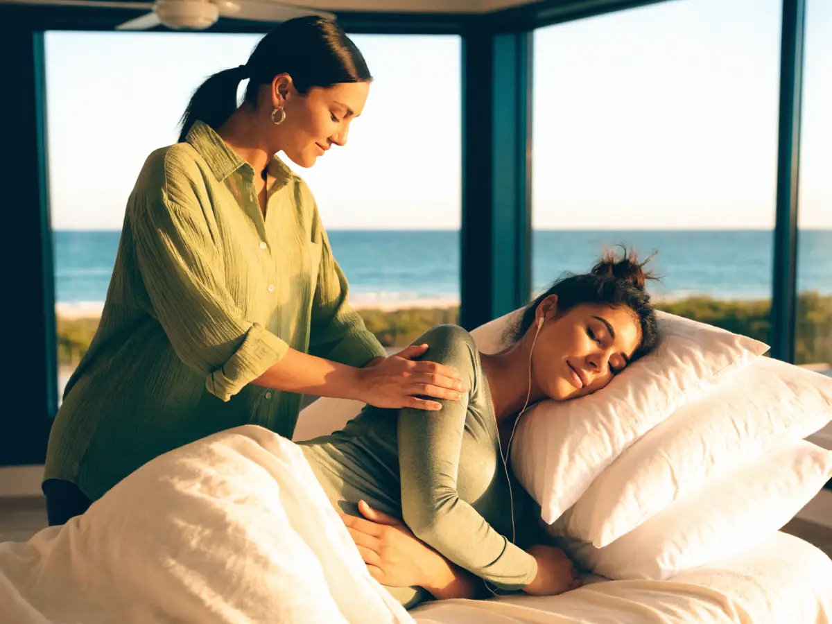 A licensed massage therapist performing a gentle, side-lying prenatal massage in a calm treatment room at the Pura Vida Day Spa in Fleming Island, FL