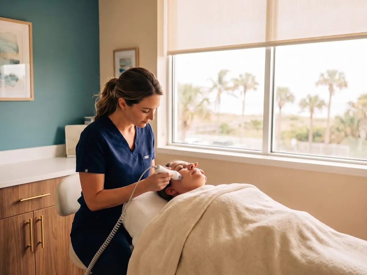 A Pura Vida nurse practitioner performing an RF microneedling treatment with the Vivace in Fleming Island, FL