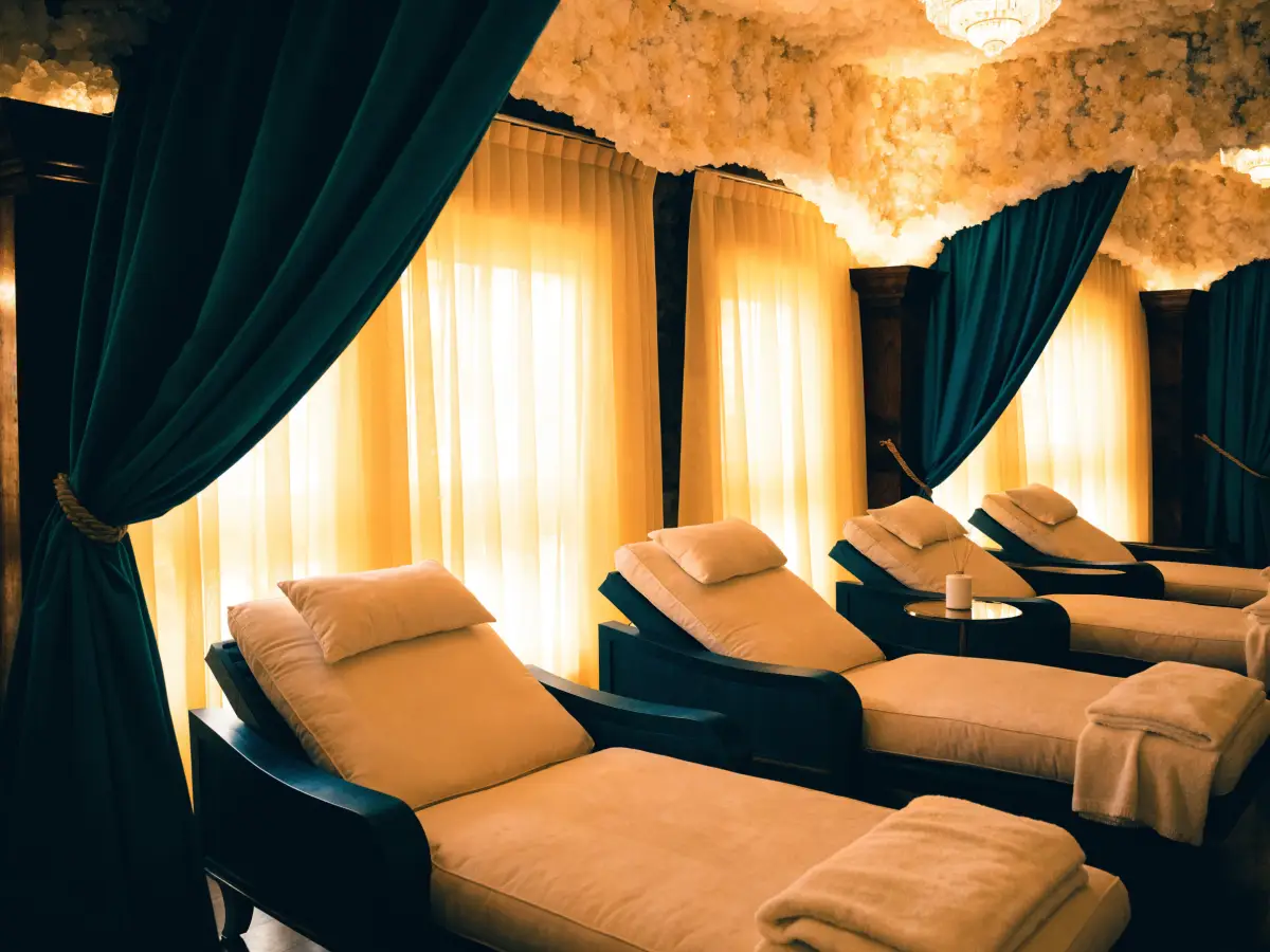 The halotherapy salt cave lounge, lined in Himalayan salt, at the Pura Vida Day Spa in Fleming Island, FL