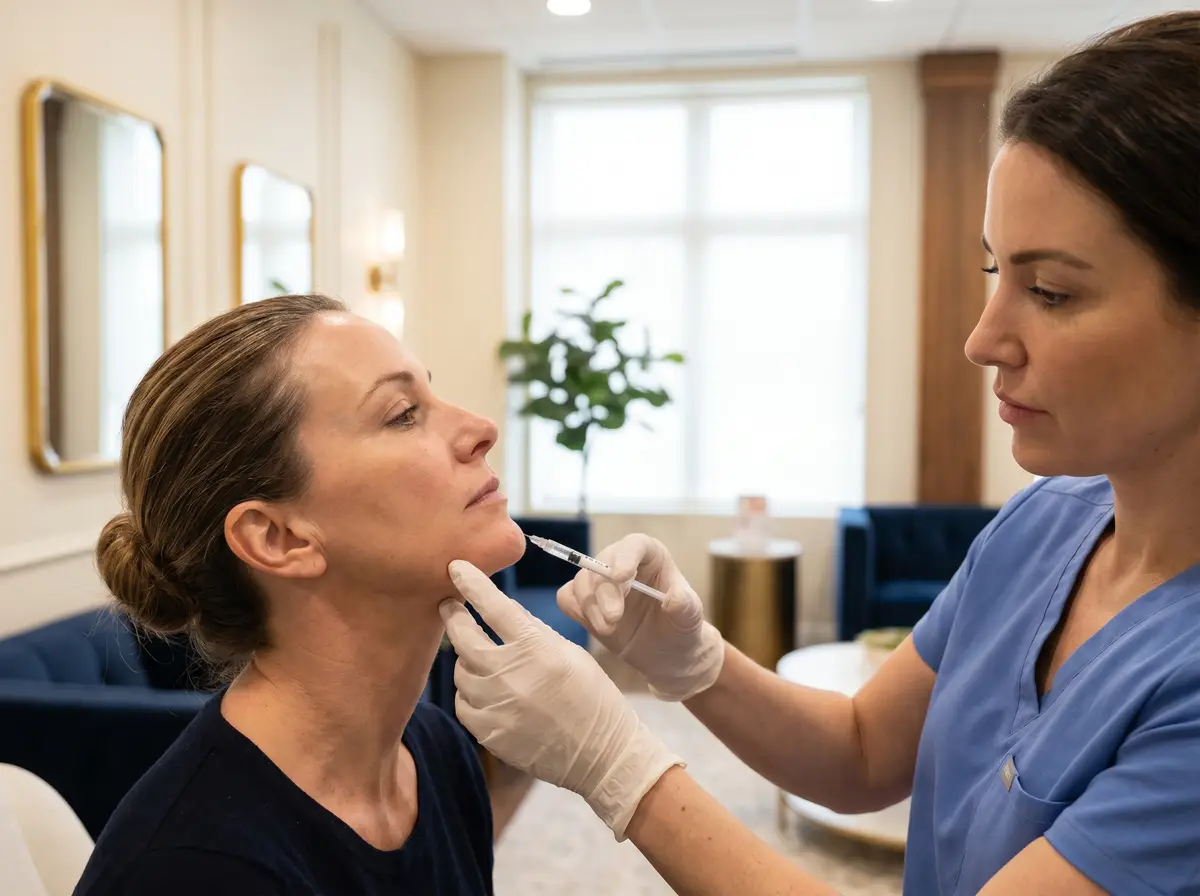 A credentialed Pura Vida provider assessing the area beneath a patient’s chin in Fleming Island, FL