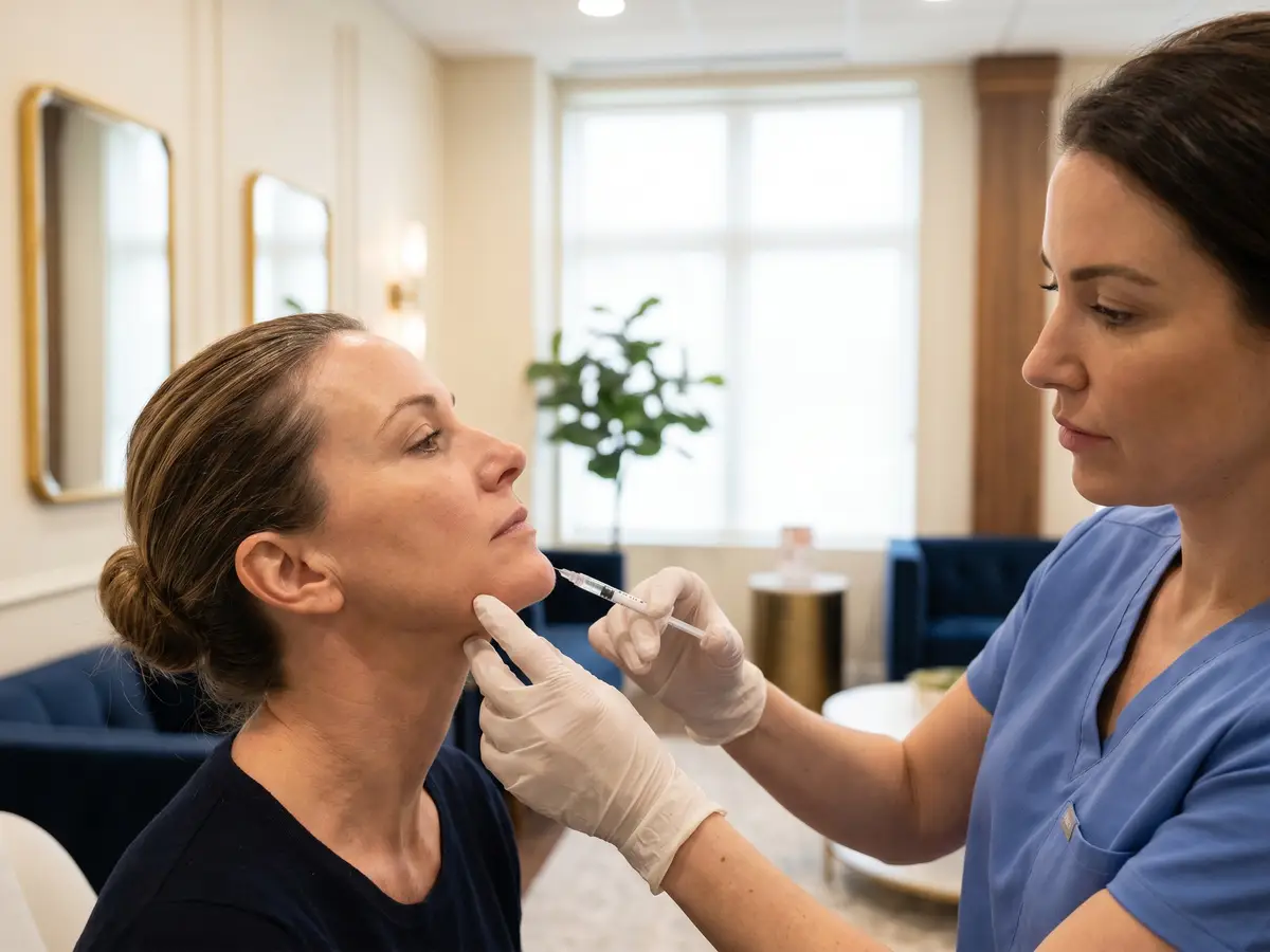A credentialed Pura Vida provider assessing the area beneath a patient’s chin in Fleming Island, FL