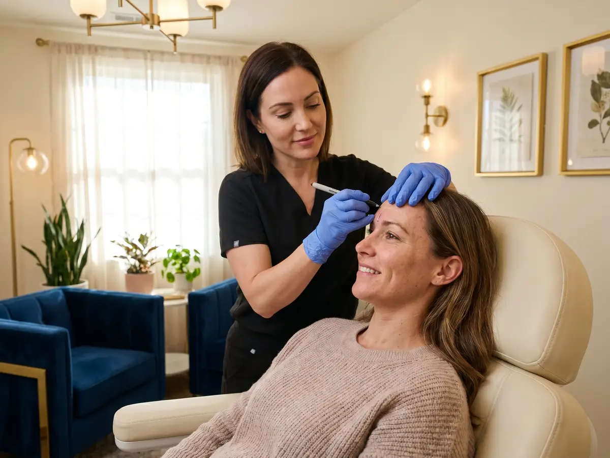 A credentialed Pura Vida provider treating a patient’s forehead in Fleming Island, FL