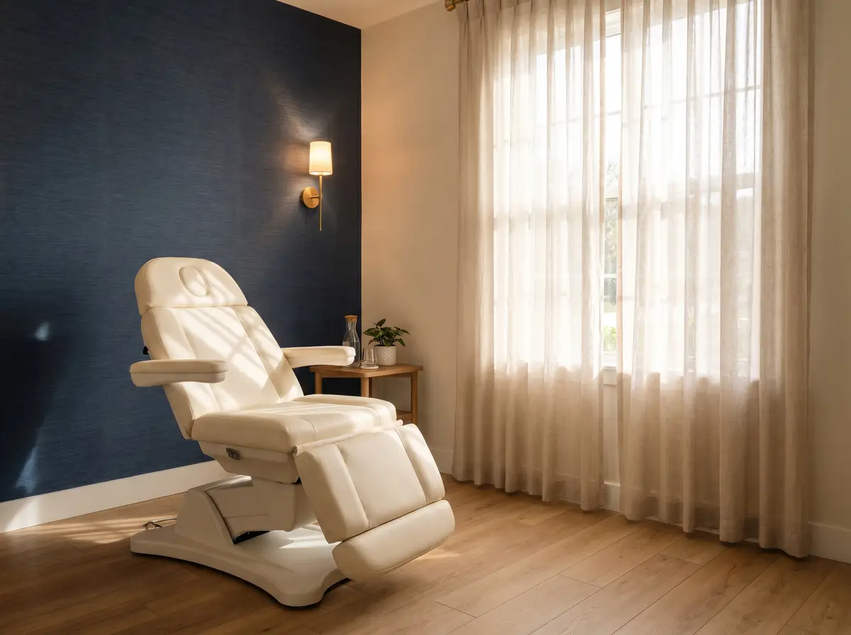 A warm, spa-like treatment room at Pura Vida in Fleming Island, FL