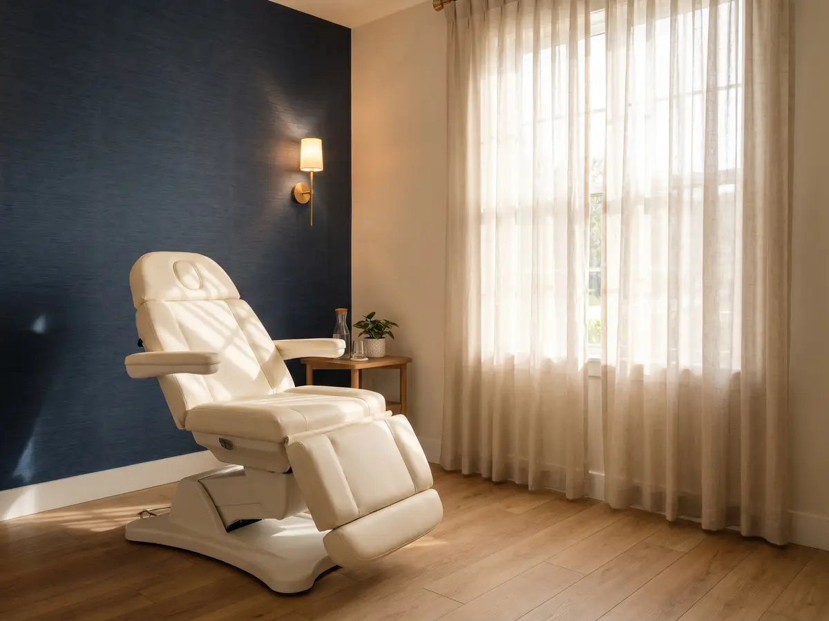A warm, spa-like treatment room at Pura Vida in Fleming Island, FL