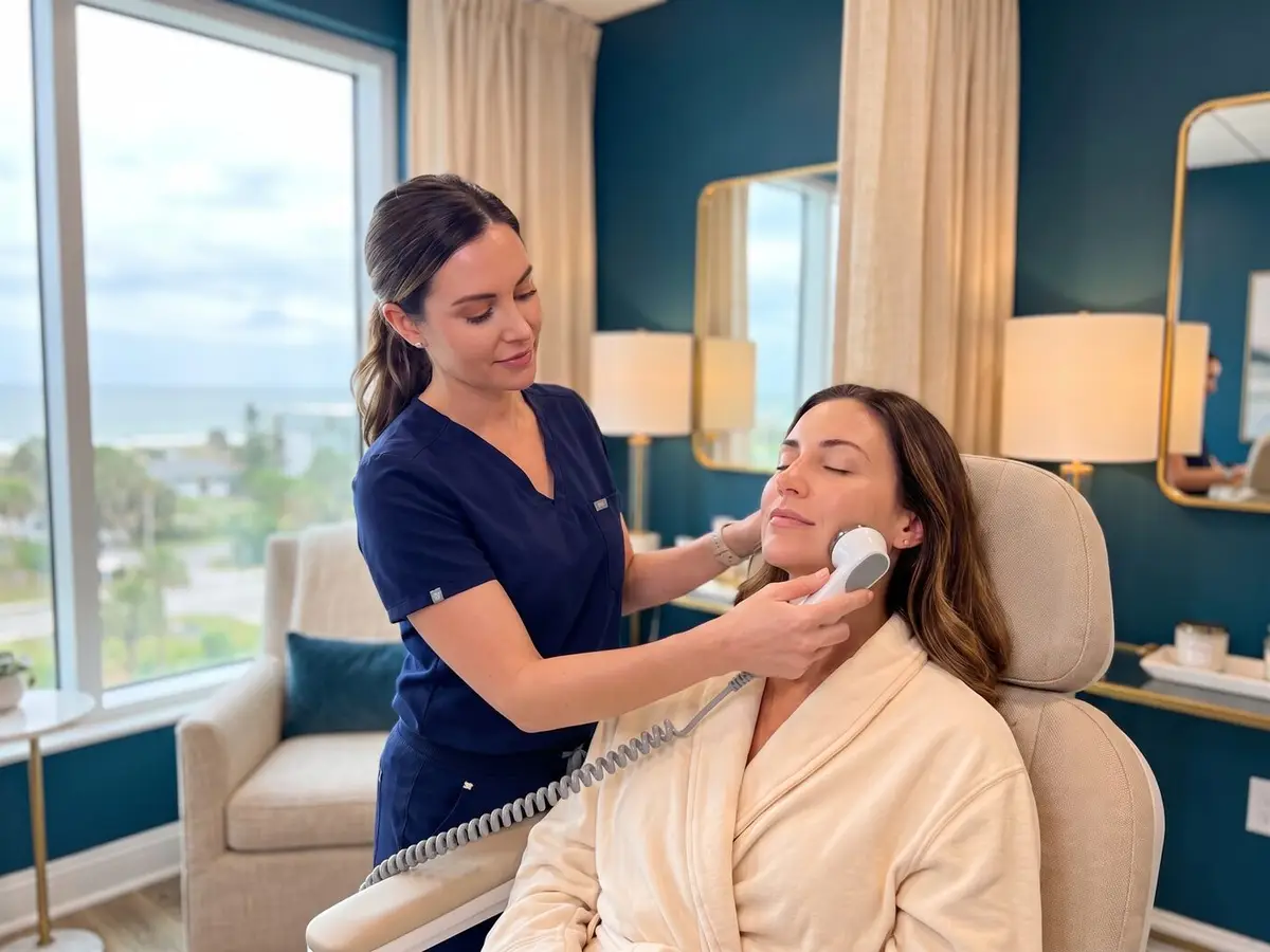 A Pura Vida aesthetician performing a TriLift no-needle skin-tightening treatment in Fleming Island, FL