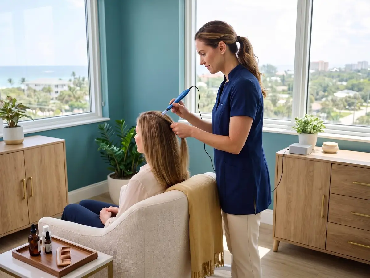 A Pura Vida provider assessing a patient's scalp during a hair loss consultation in Fleming Island, FL