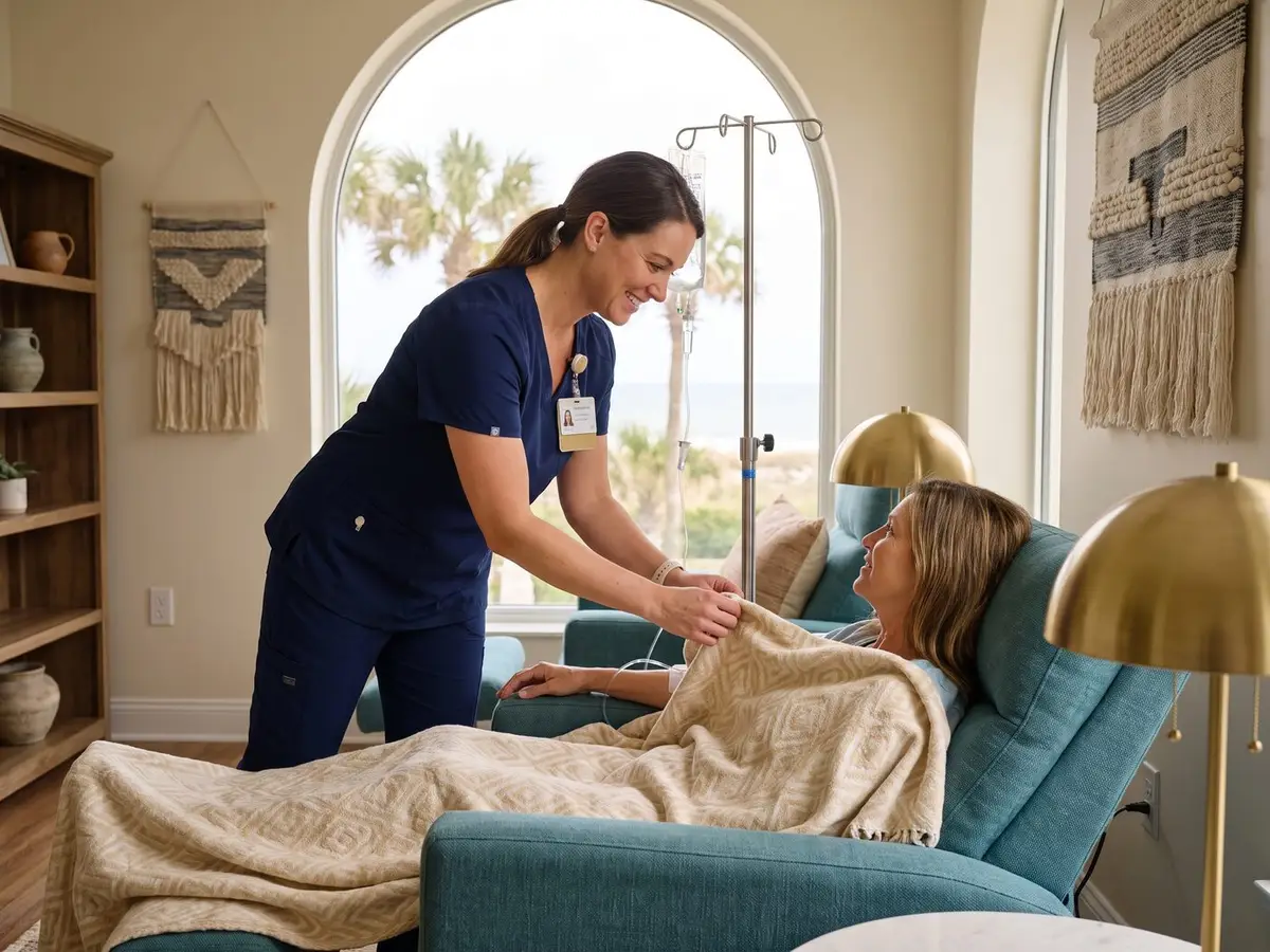 A Pura Vida provider reviewing health history with a patient before an IV infusion in Fleming Island, FL