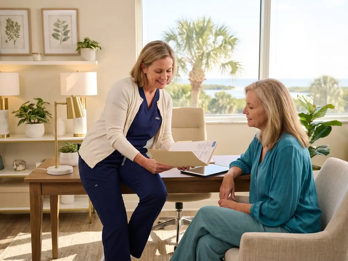 A Pura Vida nurse practitioner reviewing a wellness plan with a patient in Fleming Island, FL