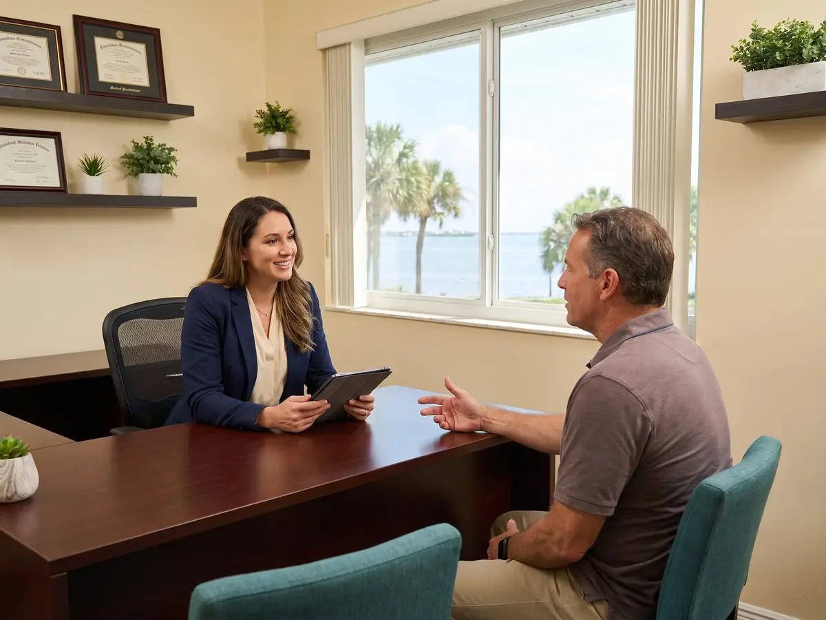 A Pura Vida provider reviewing a testosterone panel with a patient in Fleming Island, FL
